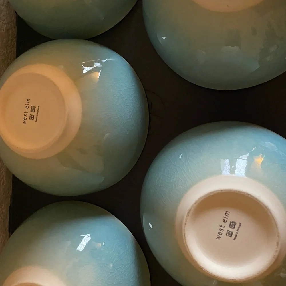 5 West Elm Light Blue Organic Alta Reactive Crackle Finish Soup Cereal Bowls